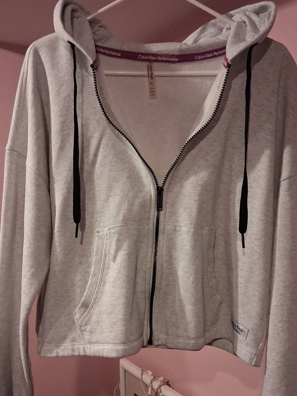Calvin Klein Performance Heather Gray Zip-Up Hoodie with Black Drawstrings